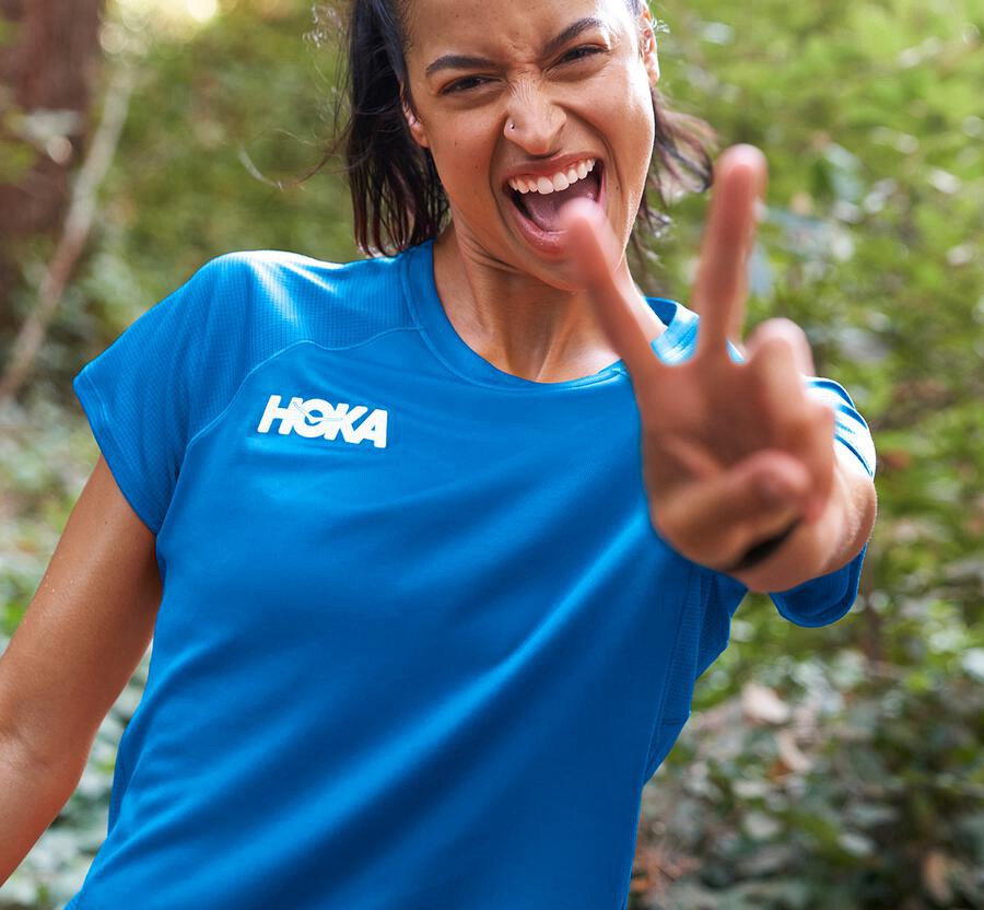 Hoka One One Performance Kort Sleeve Top Dam - Blå - FVOXU-1458